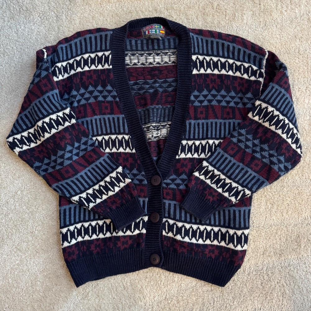 Paris Sport‎ Club Vintage Fair Isle Cardigan Sweater Navy Burgundy Geometric L
